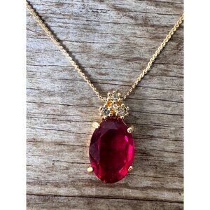 Christian Dior Gold Tone Ruby Red Crystal Rhinestone Drop Pendant Necklace
